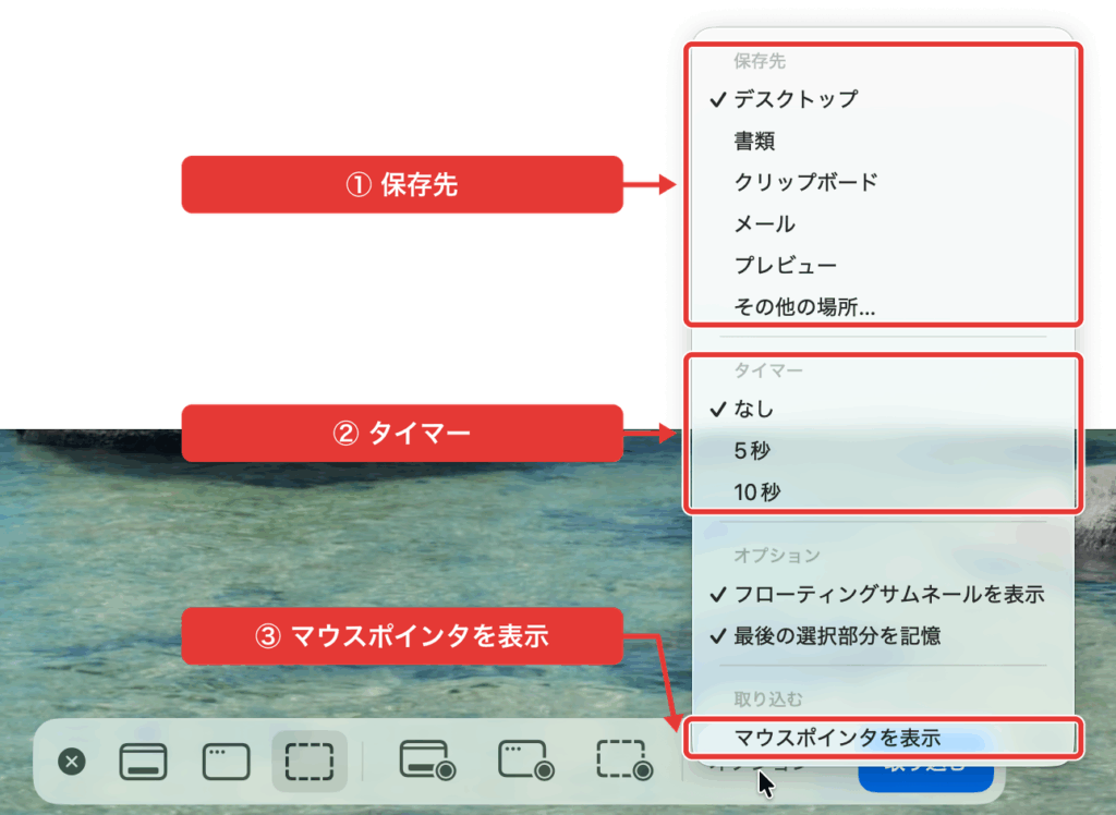 スクリーンショット操作パネルのオプションメニュー