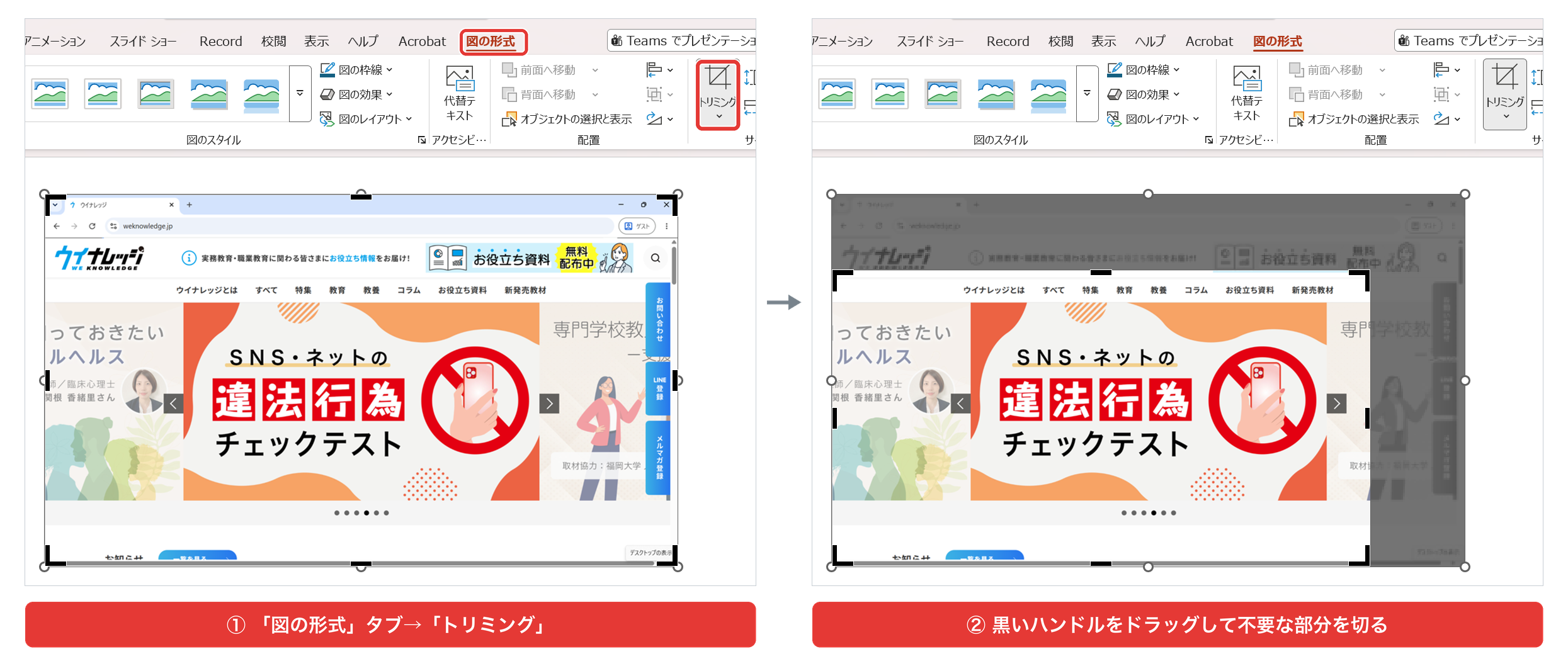 PowerPointで貼った画像をトリミングしているところ